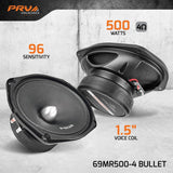 4 X PRV Audio 69MR500-4 BULLET 6" x 9" Midrange Speaker 4 Ohm PRV 500 Watt New